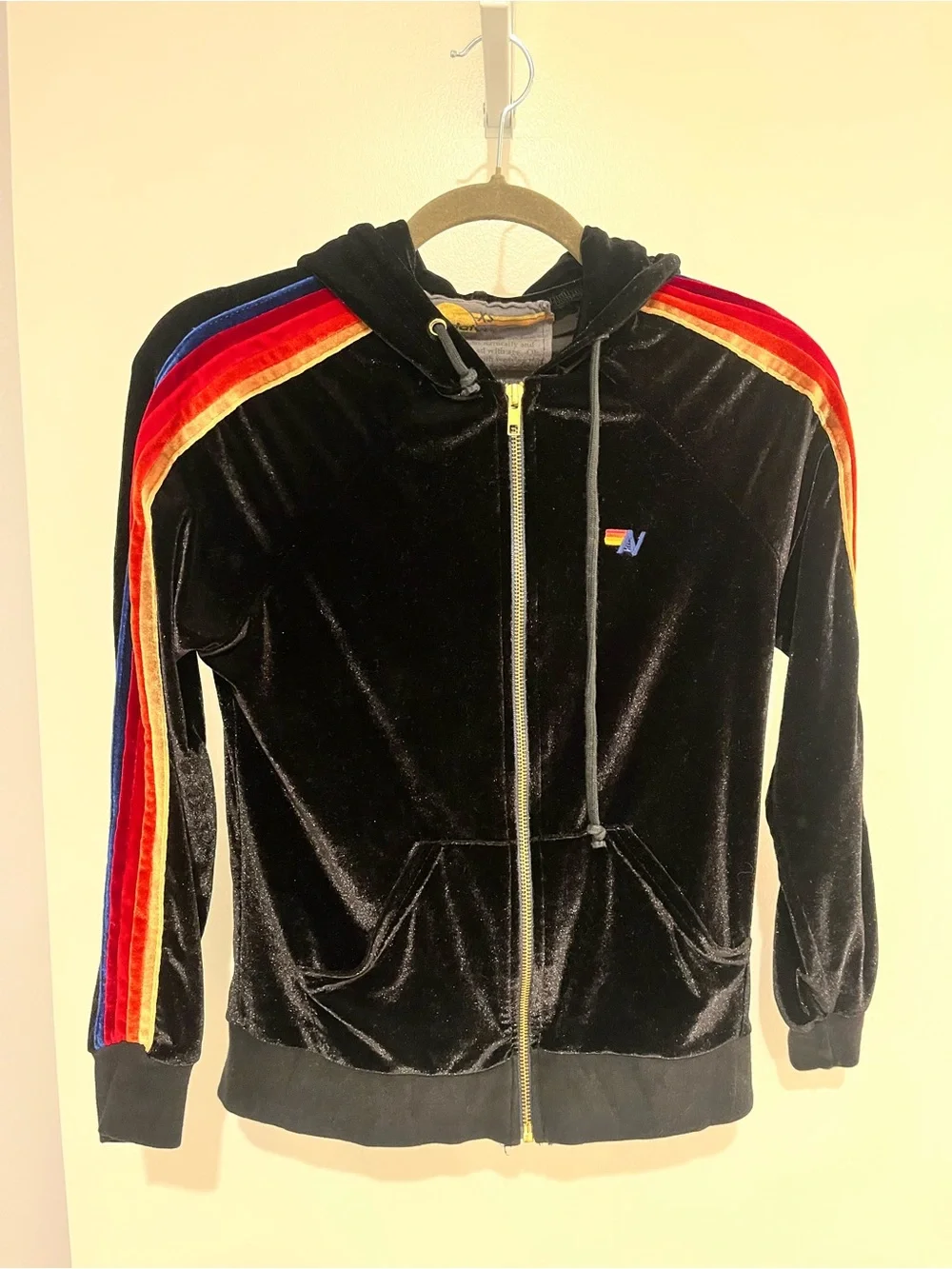 Aviator nation velour black hoodie with stripes
